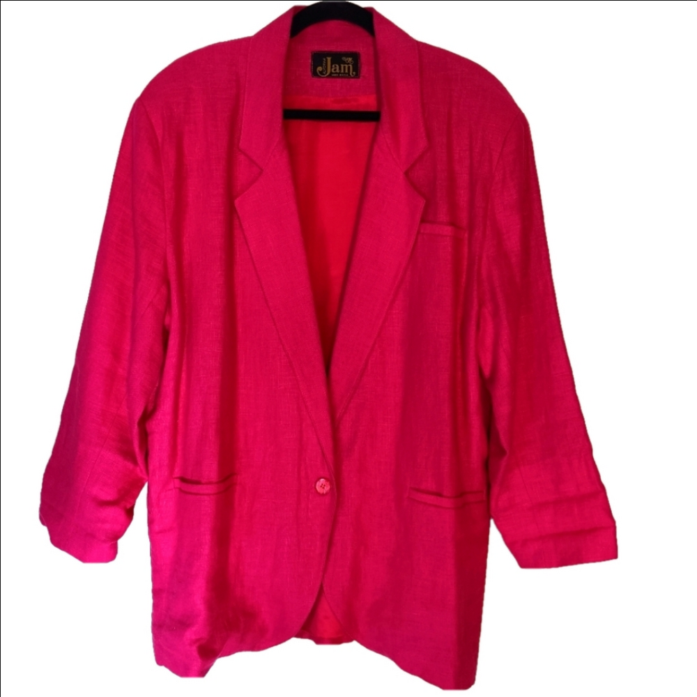 California Jam 100% Linen Pink Blazer Jacket Crunched Sleeves US Plus Size 13/14